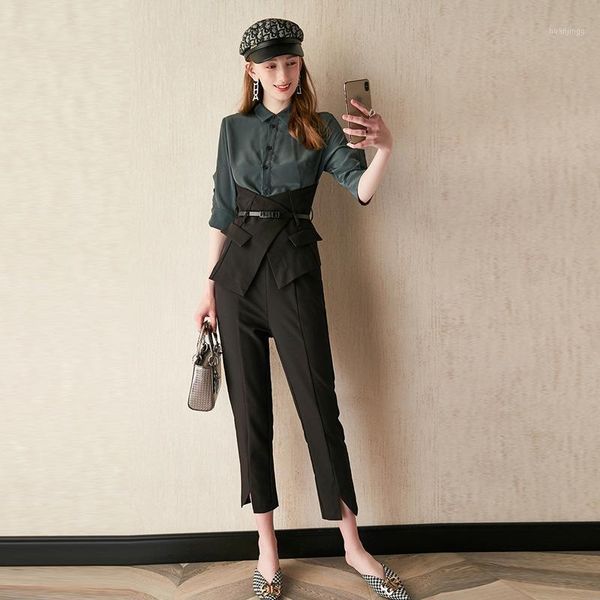 

women's suits commuter temperament girdle waist shirt + split feet pants two sets of women's clothing 2 sets of autumn new1, Gray