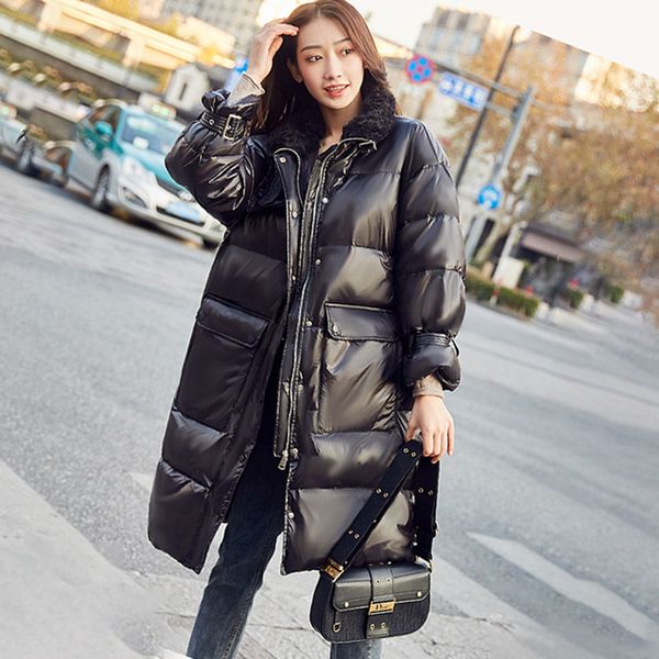 

2021 new female jacket winter new white duck down long shiny lamb skin collar fashion on korean knee loose bulk coat8f wvay, Black