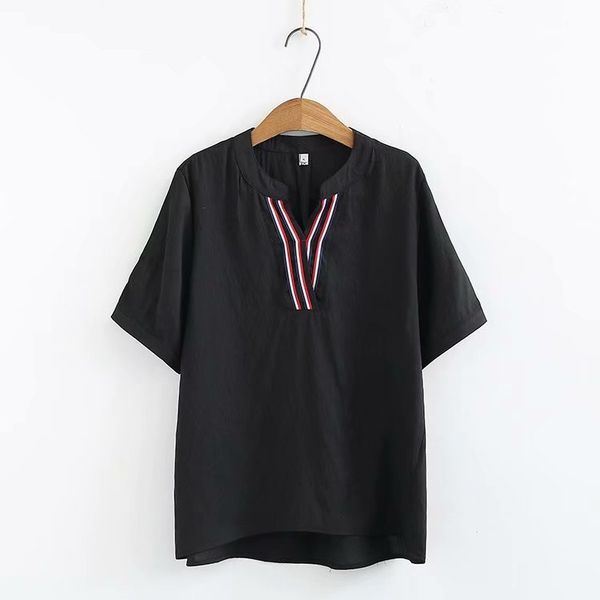 

female plus cotton linen with cleavage v summer blouse big size striped simple t 9v60, White