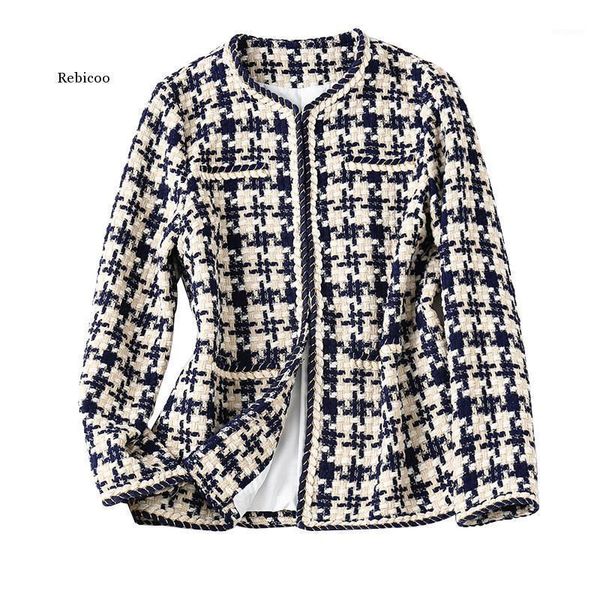 

european and american slim and loose short style commuting plaid herringbone pattern stand-up collar jacket female1, Black