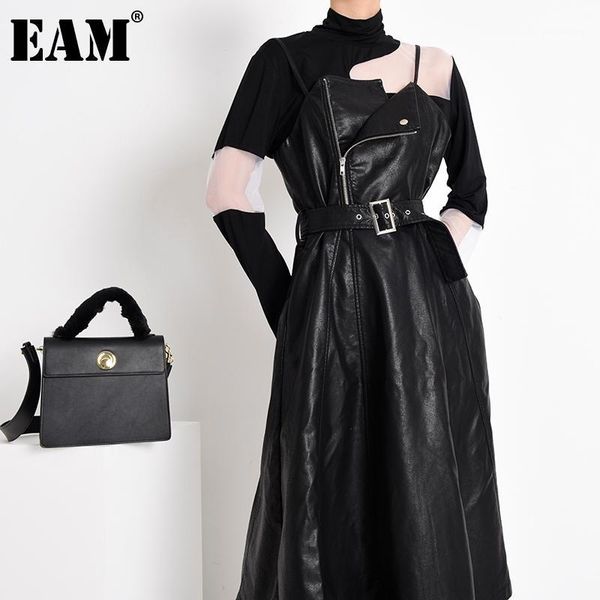

eam] women black pu leather long spaghetti strap dress new v-neck sleeveless loose fit fashion tide spring autumn 2020 jd032011, Black;gray
