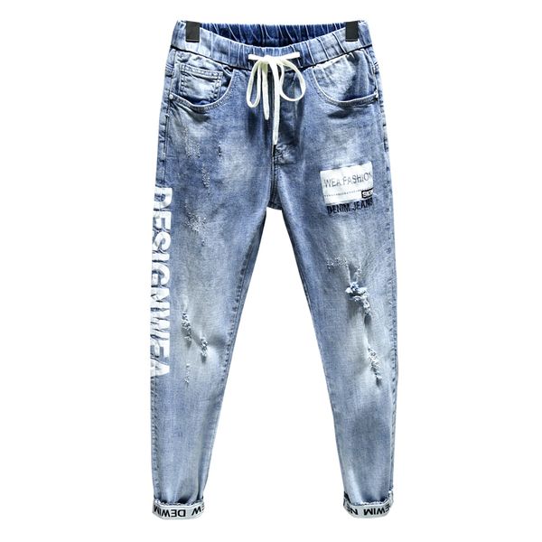 

elastic denim jeans fashion design letters printed small feet jeans hip hop drawstring joggers plus size 38 men's harem pants 201123, Blue