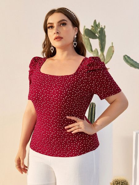 

plus allover heart print puff sleeve tee b7bv#, Black