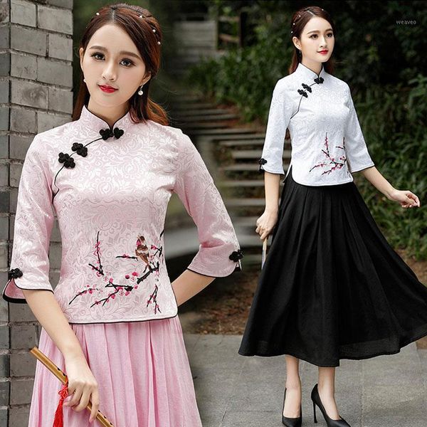 

women chinese cheongsam blouse cotton embroidered plum 7 points sleeve tang 4xl plus size1, Red