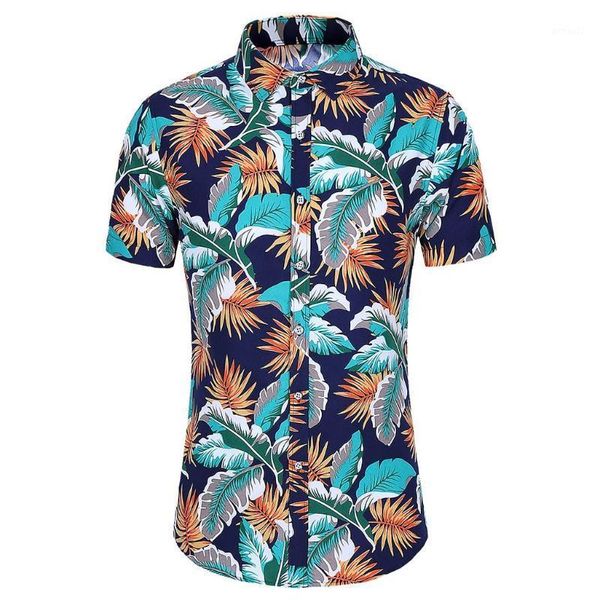 

men's casual shirts 2021 short sleeve shirt hawaiian fashion men clothes slim loose hawaii leaf floral printed turn-down collar, White;black