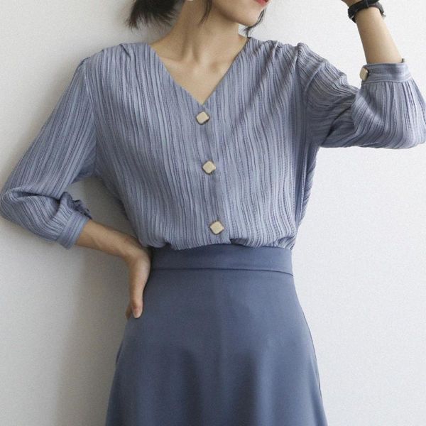 

striped print shirts women three quarter sleeve v neck button blouses female autumn 2021 elegant office lady casual blusas, White