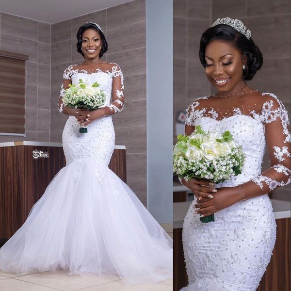 

2022 african spring elegent mermaid wedding dresses plus size jewel neck long sleeves lace appliques crystal beaded sweep train hollow back, White
