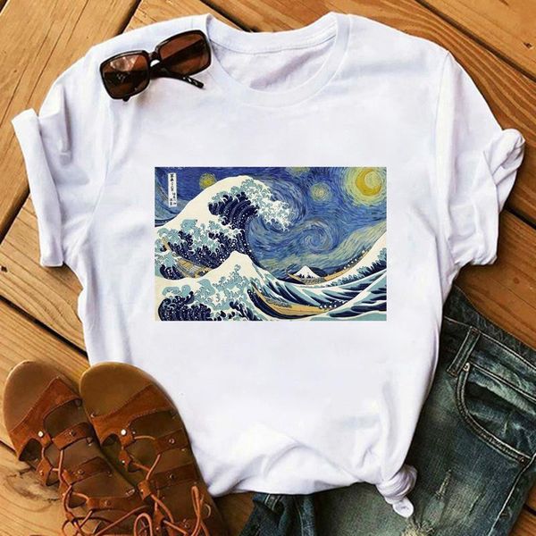 

new summer women tshirt harajuku aesthetic wave t shirts oil painting funny t-shirt 90s vintage tshirt fashion female tees, White