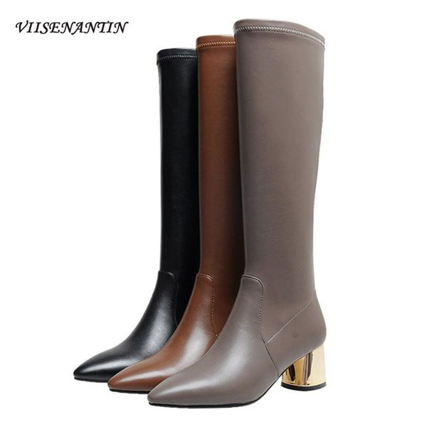 

korean fashion all-match pointed toe elastic thin boots plating thick heel side zipper gray knee high boots women mid-calf shoes, Black