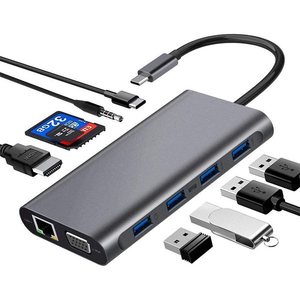 

11in1 usb type c hub to 4k hdmi vga gigabit network port multi usb3.0 sd/tf audio for pro galsxy s9 usb c hub