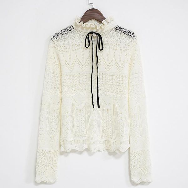 

hollow breathable bow long-sleeved knit sweater women white slim new women christmas ruffles pullover clothes1, White;black