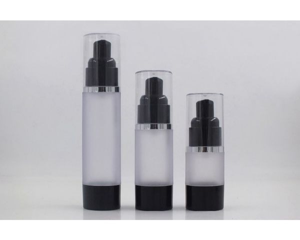 Bottiglia airless in plastica nera satinata da 15 ml linea argento lozione/emulsione/siero/fondotinta liquido/imballaggio cosmetico essenza sbiancante