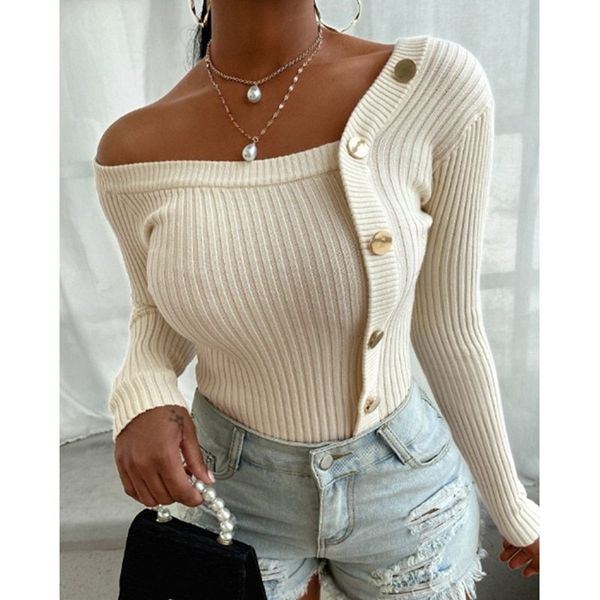 

2020 off shoulder knitted women button solid ny slim fit pullover and sweater autumn winter jumpers, Black;brown