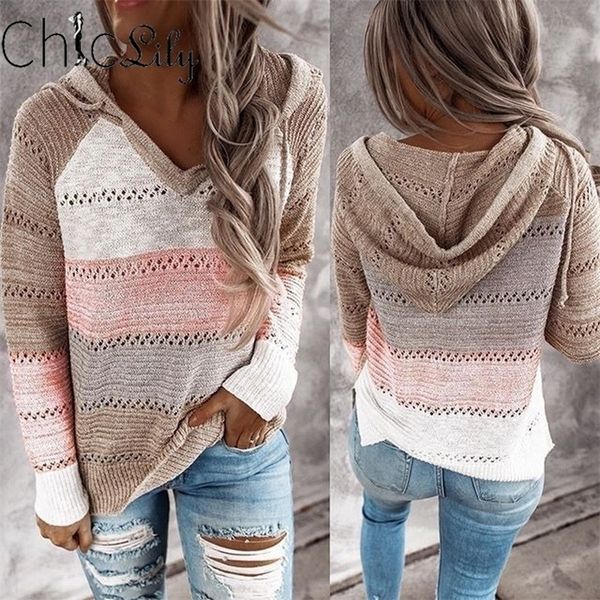 

chiclily hollow out knitted hooded women sweater long sleeve casual loose lightweight pullovers lj201124, White;black