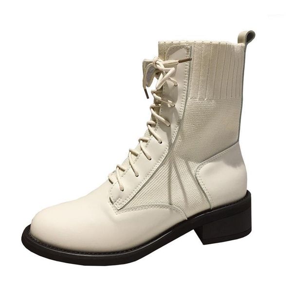 

boots flat square heel motorcycle women sock fall winter 2021 warm elastic short ankle platform office shoe1, Black