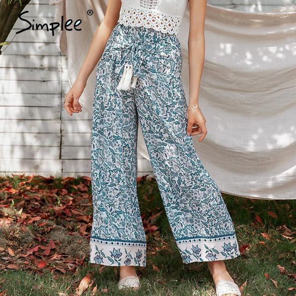 

women's pants & capris simplee bohemian printing lady wide leg women summer beach mid waist trousers chic streetwear sash casual female, Black;white