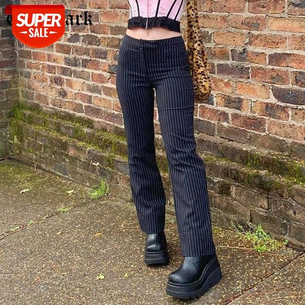 

goth dark e-girl striped print gothic suit pants black slim high waist zipper front trousers women autumn fashion streetwear #qc7f, Black;white