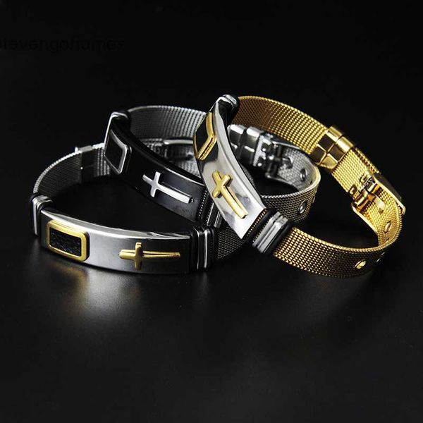 

titanium steel stainless mesh band room gold cross men's bracelet hip hop jewelry, Silver