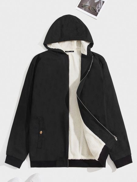 

men zipper hooded teddy lined jacket 91sw#, Black;brown
