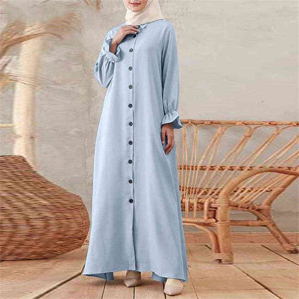 Abiti musulmani taglie forti Donna Primavera Manica svasata Abito camicia con risvolto Manica lunga Abaya Dubai Turchia Femme Robe Islam Ramadan Y220214