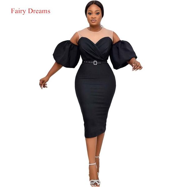 

african women's color matching puff sleeve mid-length clothing clothes plus size africa lady dresses high waist fashion, Red