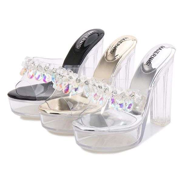

rhinestone wedding women high heels summer pvc transparent platform pumps 13cm super high heel crystal thick heel sandals, Black