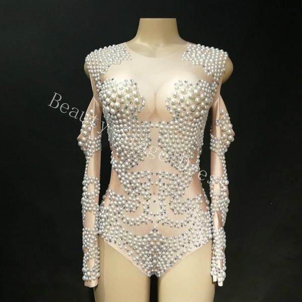 

women's jumpsuits & rompers style big pearls rhinestones stretch bodysuit birthday party festival outfit female singer dance show wear, Black;white