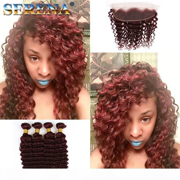 

new style burgundy hair deep curly weave 99j brazilian malaysian peruvian deep wave virgin hair 5pcs lot wine red hair bundles with frontal, Black;brown