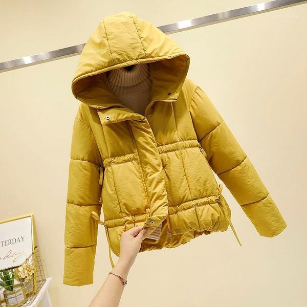 

2021 new winter women korean hooded thick jacket ladies cotton padded parkas female slim warm outwear solid short coat z671, Black