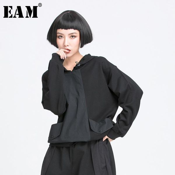 

eam] women black pocket split joint drawstring big size t-shirt new hooded long sleeve fashion tide spring autumn 2020 1y7721, White