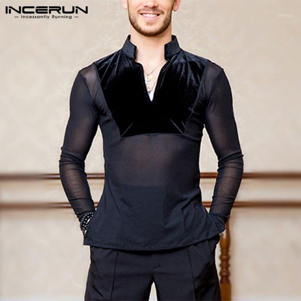 

incerun men mesh patchwork shirt long sleeve v neck transparent dance party nightclub shirts streetwear camisas s-5xl1, White;black