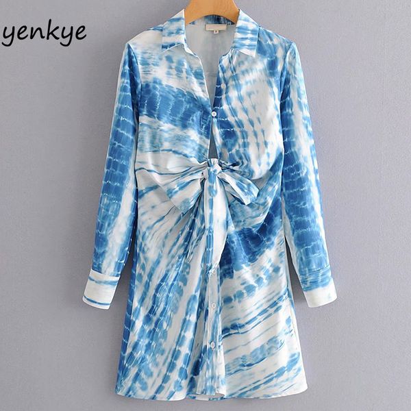 

vintage gradient print dress women front lace up turn-down collar long sleeve streetwear short dresses lj201203, White;black