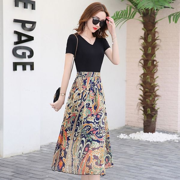 

dress women's long dress 2020 summer new korean style short sleeve fashionable thin skirtlong skirt chiffon skirtv-neck floral chiffon, Black;gray