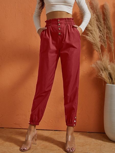 

sbetro paperbag waist button detail carrot pants 36g2#, Black;white