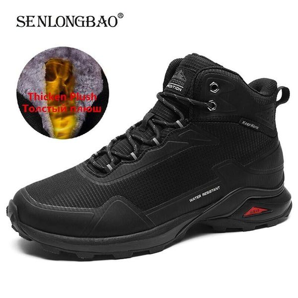 

boots brand men's winter work luxury outdoor waterproof snow warm fur man ankle non-slip hiking, Black