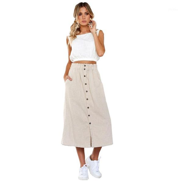 

women elegant vintage high waist front button long skirt loose casual bottoms party midi skirt with pockets1, Black