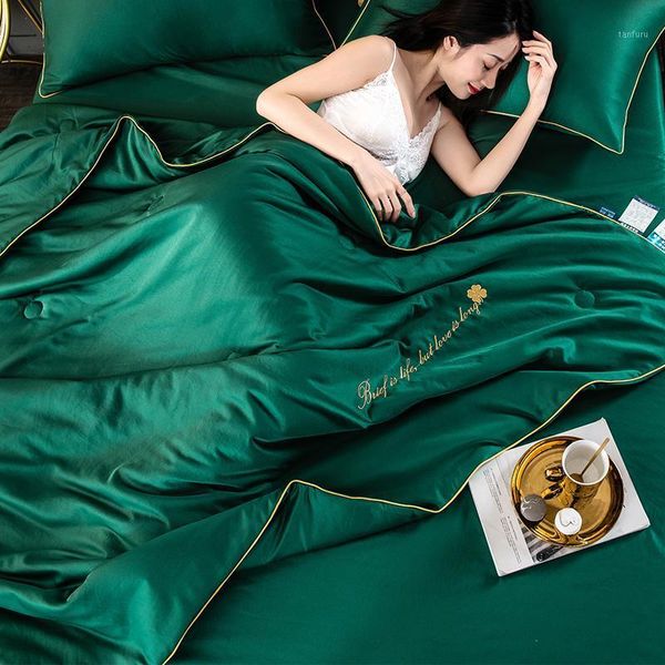 

new 4pcs set 100% silk bed linens summer comforter air condition quilts duvet washed cotton throw blankets summer solid bedding1