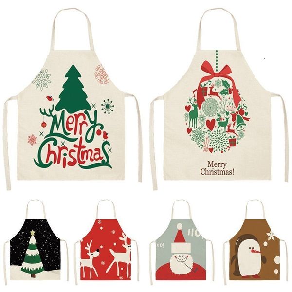 

1pcs christmas apron deer snowflake pinafore cotton linen aprons 53*65cm woman bibs for home kitchen cooking baking cm1003