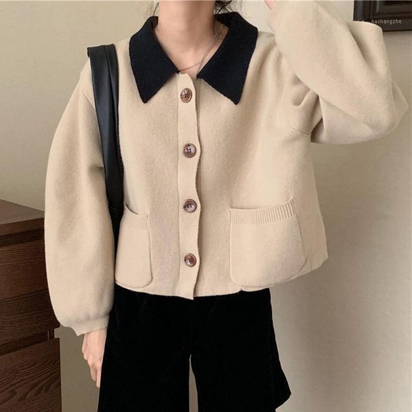 

fall new retro french color block loose little knit lapel jacket1, Black;brown