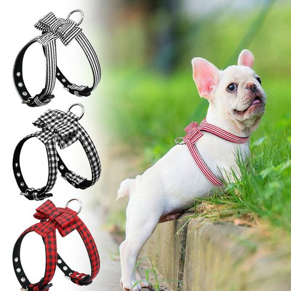 

adjustable plaid dog harness pet cat leather padded harnesses with striped lattice bowknot for small medium dogs cats sqccey