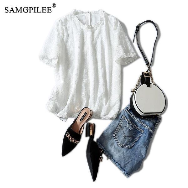 

women t-shirts 2020 casual plus size women t-shirt lace short sleeve lace tshirts solid o-neck clothing summer t-shirt 6xl, White