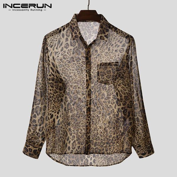 

Leopard Print Men Shirt Transparent Lapel Long Sleeve Chic Sexy Button Party Nightclub Shirts Fashion Streetwear Camisas INCERUN, White;black