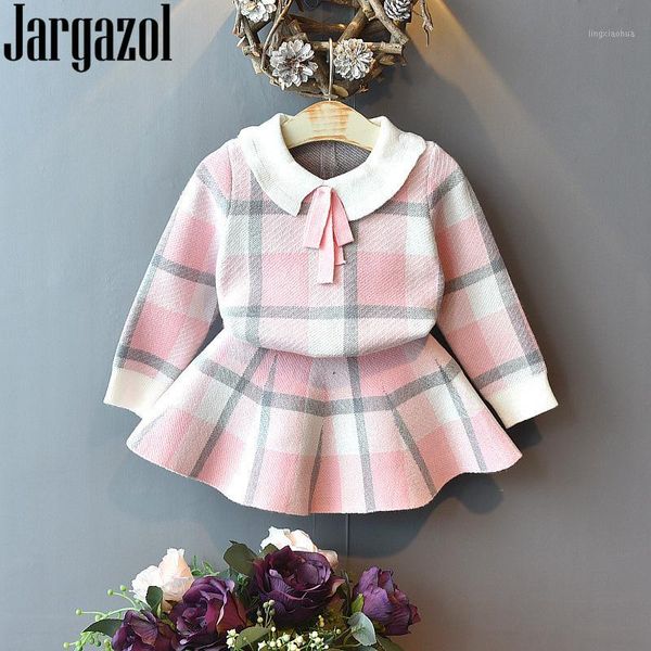 

jargazol christmas outfits winter kids clothes girls plaid knit sweater&skirt fall little girl clothing set children costume1, White