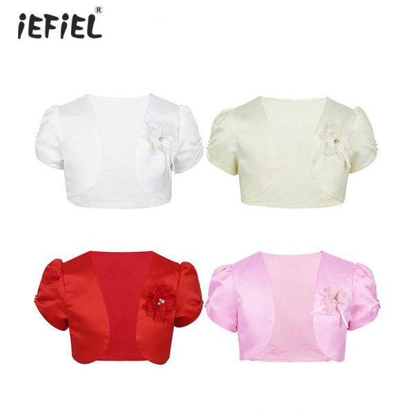 

iefiel kids girls short sleeves open cardigan round neck beads flower satin bolero short jacket shrug flower girl dress cover up, Blue;gray