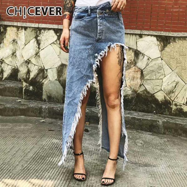

chicever tassel denim high waist skirt women loose big size hollow out irregular skirts female fashion new clothes 2020 summer1, Black