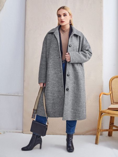 

plus drop shoulder slant pockets overcoat l4lz#, Black