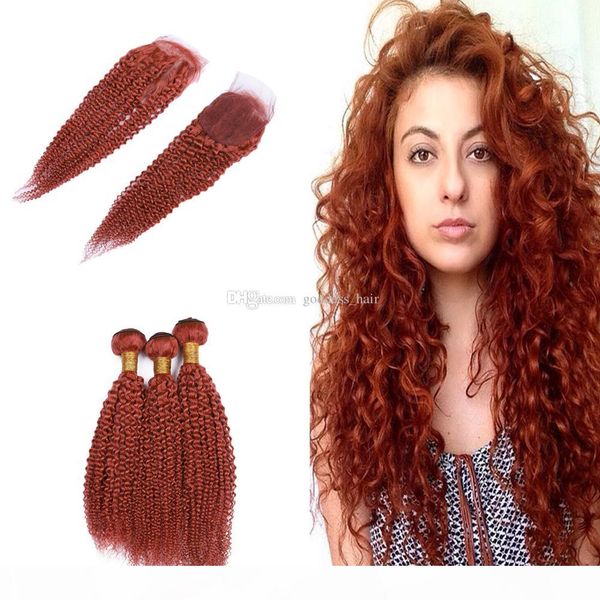 

colored #orange kinky curly virgin hair weaves extensions with 4x4 closure orange red afro curly hair 3bundles with lace closure, Black