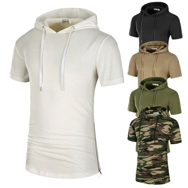 

new style camouflage short sleeve hooded medium length t-shirt men's fashion top, White;black