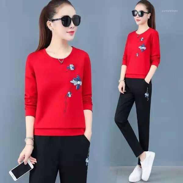 

women's tracksuit casual 2020 spring flower printed sweatshirt +pants suits femal fashion two piece set sportswear1, White