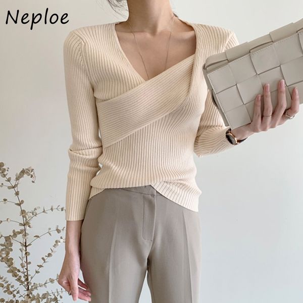 

neploe chic irregular criss-cross sweater autumn slim fit long sleeve pullovers women solid color knitted femme 201203, White;black